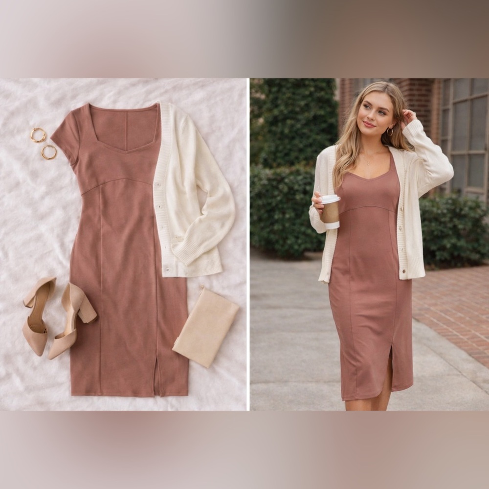 Derek Heart Bodycon Midi Dress XL Brown Square Neck Stretch